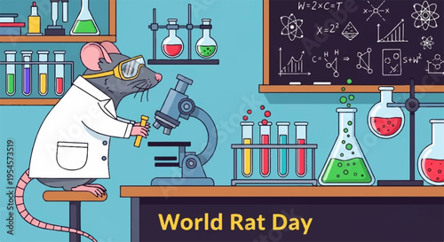 Lab rat in white coat examines sample under microscope on world rat day in science lab with colorful chemicals