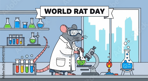 Laboratory mouse in white coat using microscope on world rat day surrounded by science equipment and colorful tubes in a lab setting with a cityscape view