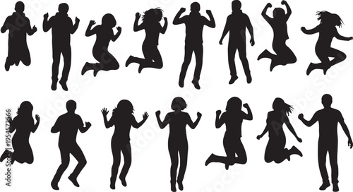 Black silhouettes of happy people jumping and celebrating together
