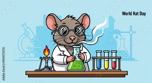 Cartoon mouse in lab coat conducting experiment with test tubes and bunsen burner on world rat day