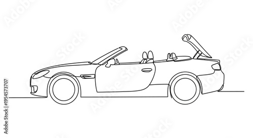 Line Art Convertible Car with Open Roof, Side View Isolated on White