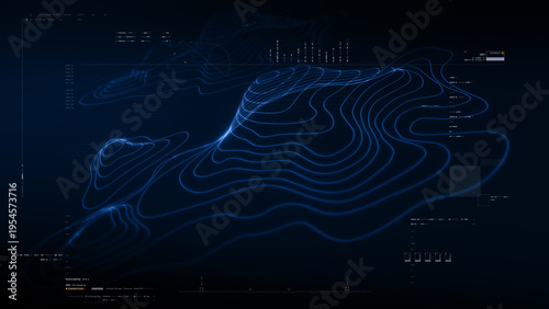 Futuristic holographic topographic environment featuring dynamic geomorphological terrain visualization, integrated into an advanced motion graphic user interface with a head-up display screen