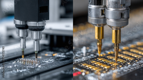 precision nozzles applying solder paste on pcb during electronics manufacturing process with high accuracy and modern assembly technology workflow
