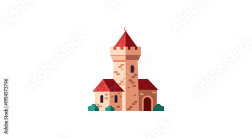 charming cartoon castle with red roofs and tower