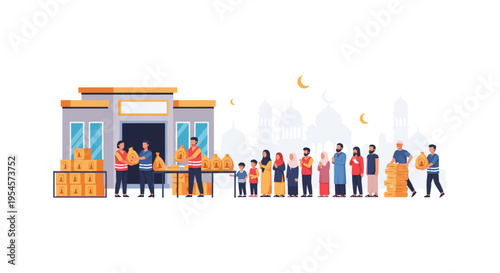 people waiting in line outside a food bank or donation center