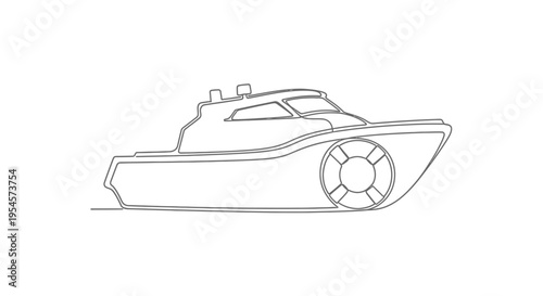 Line Drawing Motor Yacht with Lifebuoy, Minimalist Nautical Illustration