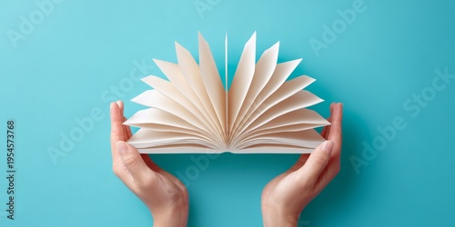 Hands holding open paper book knowledge and learning