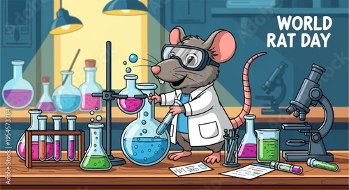 Lab rat in white coat conducts experiment with colorful chemicals and equipment on wooden table in science laboratory