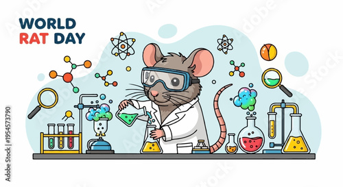 Rat in lab coat and goggles conducts experiment on world rat day with colorful chemistry equipment