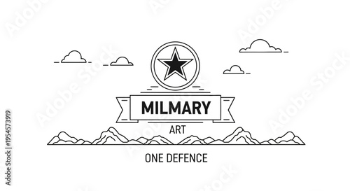 Military Art Emblem with Star, Mountains, Clouds, and Text