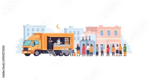 people waiting in line at a food truck at night
