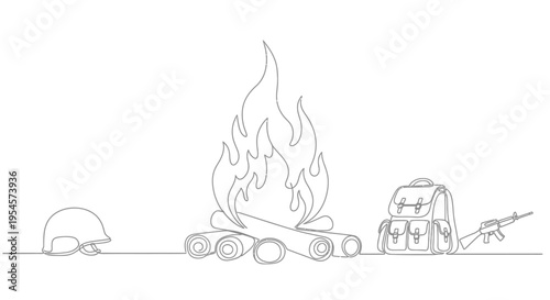 Military Campfire Scene: Helmet, Backpack, Rifle, and Fire - One Line Drawing