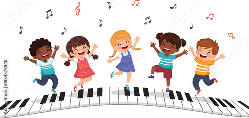 Joyful diverse children dancing and playing on a giant piano keyboard with musical notes.