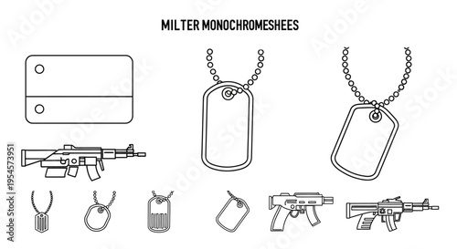 Military Dog Tags and Assault Rifles Line Art Icons