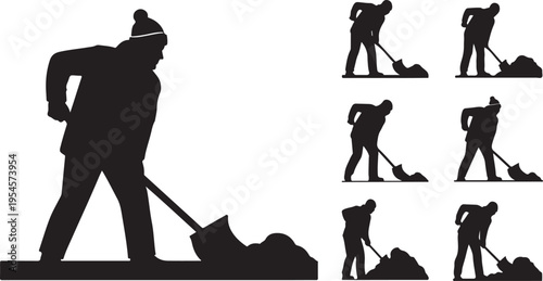 Man working with shovel in various poses and positions
