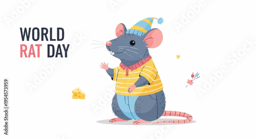 Whiskered rat in colorful outfit celebrating world rat day with party hat and confetti