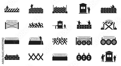 Military Checkpoint Icons: Security, Border Control, Defense Barriers, Soldiers