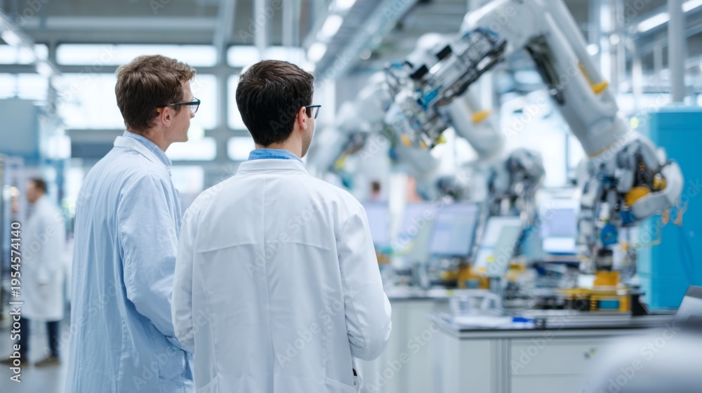 Obraz premium Scientists Observing Robotic Automation in Modern Laboratory with Advanced Technology and Innovative Research on Artificial Intelligence and Robotics Development