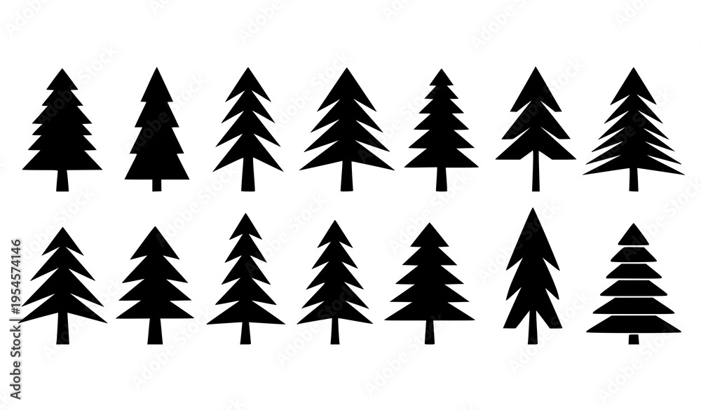 Obraz premium Modern Geometric Pine Tree Silhouettes Collection with Minimal Evergreen Forest Vector Shapes