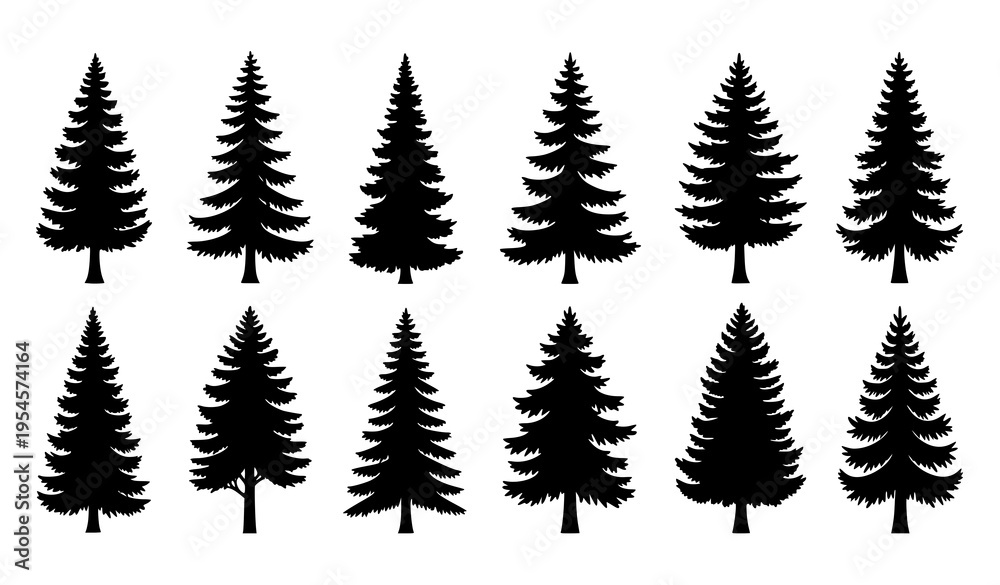 Obraz premium Majestic Pine Tree Silhouette Set with Natural Evergreen Forest Shapes in Clean Black Vector Style
