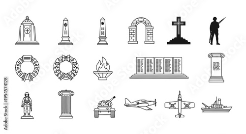 Military Memorials, Symbols, and Icons: War Monuments, Crosses, Wreaths, Soldier, Aircraft
