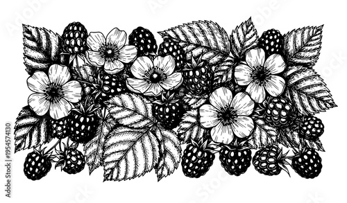 Vintage Engraved Blackberry and Raspberry Botanical Pattern with Floral Elements for Seamless Wallpaper and Textile Design