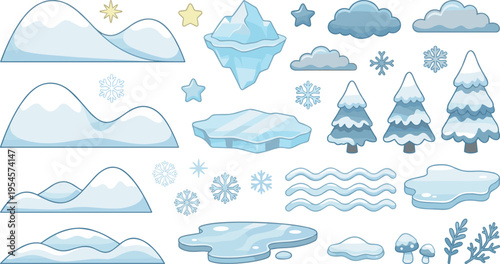Winter Landscape Elements Vector Set with Snow Hills, Icebergs, Trees, Clouds and Frozen Shapes
