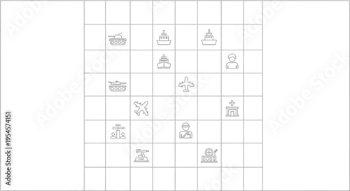 Military Strategy Game Board with Icons: Tanks, Ships, Planes, Soldiers, Buildings