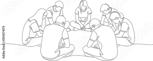 Continuous line drawing of diverse people sitting in a circle, engaged in group activity