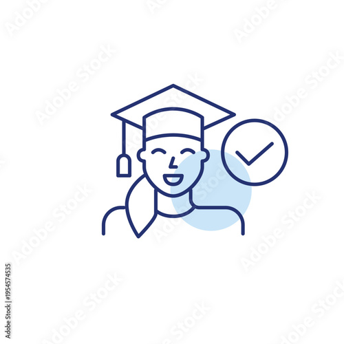 Young graduate woman and checkmark. Approved degree, verified education. Pixel perfect, editable stroke vector icon