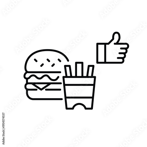 Lunch meal of burger, fountain drink and like. Fast food order approval, satisfaction and positive customer feedback. Pixel perfect, editable stroke vector icon