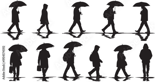 Silhouettes of people walking with umbrellas on rainy days
