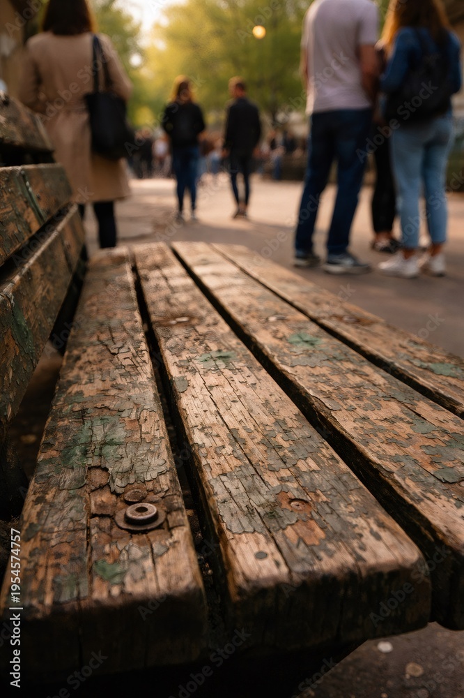 Fototapeta premium Weathered wooden bench showing peeling paint and textured surface, providing a place for rest in a busy urban park with blurred pedestrians walking in the background