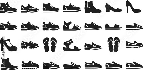 Footwear silhouette icon collection, shoe style vector set, fashion design artwork graphic, casual formal illustration symbol, flat vector illustration