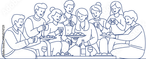 friends eating together line art, group dining scene, people sharing food drinks, social gathering concept, happy moments illustration, flat vector illustration