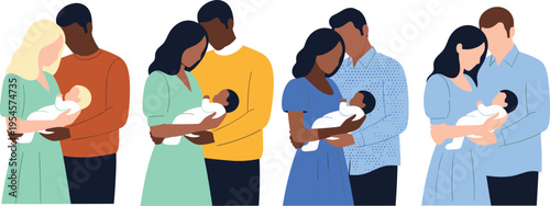 Diverse parents holding newborn babies flat vector illustration showing multicultural families, motherhood and fatherhood, love and care isolated on white