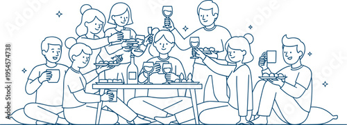 friends dining together line art, group celebration meal, people sharing food drinks, social gathering concept, happy party scene, flat vector illustration