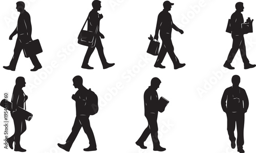 Silhouettes of people walking with luggage and bags