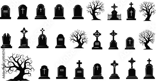 Gravestone silhouettes set, cemetery tombstone collection, RIP grave markers, spooky dead trees, Halloween gothic elements, vector illustration bundle