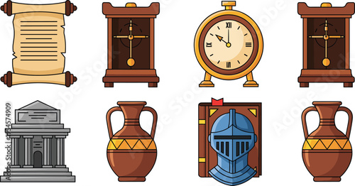 Ancient History and Vintage Object Vector Set Featuring Scroll, Antique Clocks, Greek Temple, Clay Vases, and Medieval Armor Illustration for Classic Design Projects