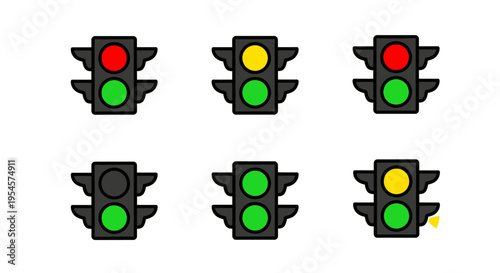 Traffic lights in various positions.