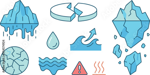 Climate Change and Global Warming Icons Set with Melting Ice, Rising Sea Level and Earth Damage