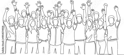 Continuous Line Drawing of Diverse People with Raised Hands, Symbolizing Unity and Protest