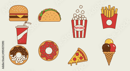 Colorful fast food icons on white.