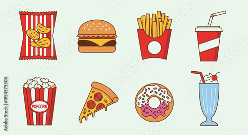Fast food icons set including snacks.