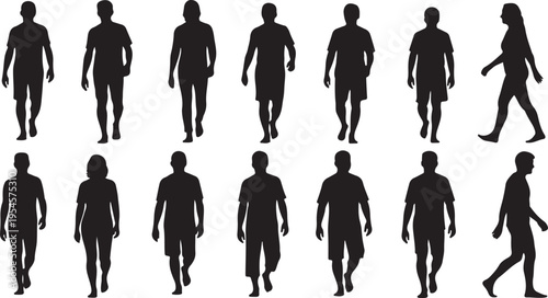 Silhouettes of people walking in various poses and directions