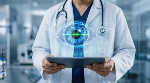 Wallpaper Mural Ophthalmology, Biometrics, Medical Technology, Digital Health, Eye Scanning, Future Medicine, Precision Healthcare concept with doctor holding tablet with digital iris interface. Torontodigital.ca