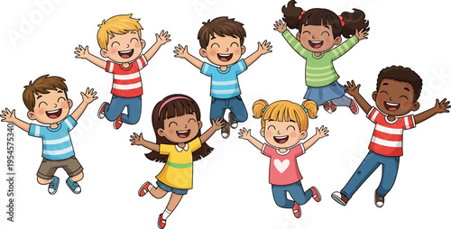 Group of Happy Diverse Children Jumping and Laughing with Joy, Arms Outstretched