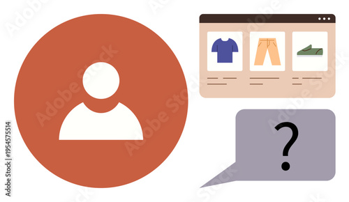 Online shopping, customer support, user experience, navigation issues, digital services, account management. A user icon, e-commerce interface and a question mark speech bubble. Online shopping