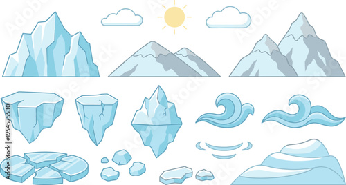 Ice and Snow Landscape Vector Set with Mountains, Icebergs, Waves and Winter Nature Elements